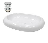 ECD Germany Vasque à Poser de Salle de Bain, 630x420x120 mm, avec Bonde de Vidage pour Lavabo sans Trop-Plein, Évier Ovale en Céramique Blanc, Lave-Mains de Lavage sur Meuble de Toilette