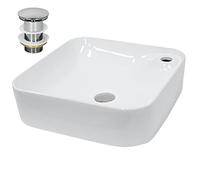 ECD Germany Vasque à Poser Lavabo Salle de Bain - Ø 435x435x125 mm - en Céramique - Carré - Blanc - avec Kit de Vidange sans Trop-Plein - Lavabo à Poser sur Meuble Salle de Bain - Design Moderne