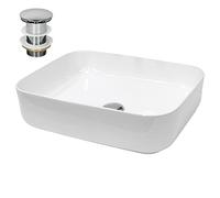 ECD Germany Vasque à Poser Lavabo Salle de Bain - Rectangulaire - 505 x 395 x 135 mm - en Céramique - Blanc - avec Kit de Vidange Push Open 1 1/4" sans Trop-Plein - Lave-Mains Évier Toilette Douche
