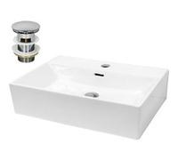 ECD Germany Vasque à Poser Lavabo Salle de Bain - Rectangulaire - 605 x 365 x 130 mm - en Céramique - Blanc - Kit de Vidange - Lave-Main Evier