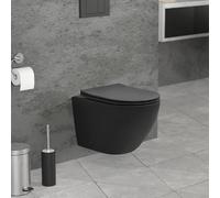 ECD Germany WC Suspendu sans Rebord Court 49 cm Noir Mat, en Céramique Sanitaire, avec Siège Amovible en Duroplast Softclose, Toilette Murale Cuvette à Chasse d'eau Profonde pour la Salle de Bain