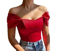 ECDAHICC Femme Satin Off Shoulder Corset Crop Top Puff Manches Courtes Bustier Slim Fit Scoop Neck Party Sexy Shirt Blouse, rouge, L