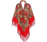 Écharpe chaude pour femme de style russe avec pompon - 157,5 x 157,5 cm surdimensionnée rétro traditionnelle écharpes enveloppantes châle polonais folk écharpe franges impression cape cou châle poncho