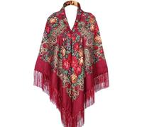Écharpe chaude pour femme de style russe avec pompon - 157,5 x 157,5 cm surdimensionnée rétro traditionnelle écharpes enveloppantes châle polonais folk écharpe franges impression cape cou châle poncho