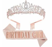 Écharpe d'anniversaire pour fille et diadème en strass, écharpe d'anniversaire et diadème pour filles et femmes, décoration d'anniversaire (or rose)