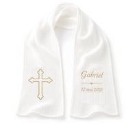 Écharpe de Baptême Personnalisée Bébé - Double Gaze de Coton Brodée Prénom & Date - Étole Baptême Blanche Douce et Légère - Cadeau Baptême avec Coffret Cadeau(Modèle 1)