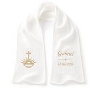 Écharpe de Baptême Personnalisée Bébé - Double Gaze de Coton Brodée Prénom & Date - Étole Baptême Blanche Douce et Légère - Cadeau Baptême avec Coffret Cadeau(Modèle 5)