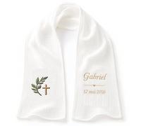 Écharpe de Baptême Personnalisée Bébé - Double Gaze de Coton Brodée Prénom & Date - Étole Baptême Blanche Douce et Légère - Cadeau Baptême avec Coffret Cadeau(Modèle 17)