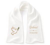 Écharpe de Baptême Personnalisée Bébé - Double Gaze de Coton Brodée Prénom & Date - Étole Baptême Blanche Douce et Légère - Cadeau Baptême avec Coffret Cadeau(Modèle 9)