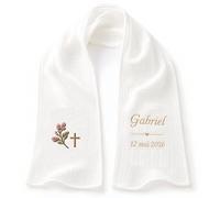 Écharpe de Baptême Personnalisée Bébé - Double Gaze de Coton Brodée Prénom & Date - Étole Baptême Blanche Douce et Légère - Cadeau Baptême avec Coffret Cadeau(Modèle 18)