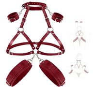 Écharpe de bondage de poitrine de yoga, harnais de cuisse en cuir du cou à la cuisse, menottes de poignet et de cuisse, jeu de couple pour femmes et jouets de couple (rouge)