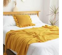 Écharpe de lit vintage avec pompons 80 x 260 cm, couverture tricotée confortable pour la maison, parfaite pour lits de 200 cm (jaune A)