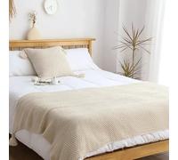 Écharpe de lit vintage avec pompons - Couverture en tricot doux pour la maison et le bureau - 80 x 260 cm - Pour lit de 200 cm - Décoration confortable pour salon - Blanc