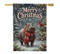 Écharpe de Noël hippopotame drapeau de maison 71,1 x 101,6 cm | Oiseau cardinal rouge, drapeau de pelouse, écharpe tricotée, pins enneigés, paysage d'hiver, décorations de vacances