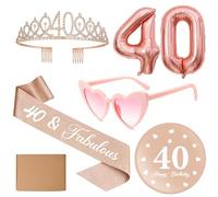 Écharpe décorative pour 40e anniversaire pour femme - Or rose - Couronne d'anniversaire 40 ans - 40 ballons en aluminium - Lunettes en forme de cœur - Épingle à épingle - Pour amie, petite amie, femme
