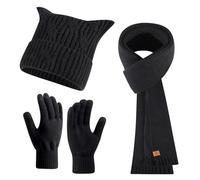 Écharpe d'hiver en tricot et bonnet thermique chaud doublé en polaire avec cache-oreilles et texture douce, Noir , taille unique