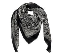 Echarpe en coton motif indien 1 noir blanc fleurs blanches tissu carré