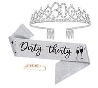 Écharpe et diadème pour 30e anniversaire pour femme, inscription « Dirty Thirty » - Cadeau d'anniversaire pour femme, reine, fournitures et décorations - Argenté