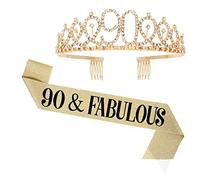 Écharpe et diadème pour 90e anniversaire pour femme, écharpe et diadème d'anniversaire 90 et fabuleuse, cadeau d'anniversaire pour reine des femmes, fournitures et décorations de fête, doré