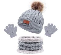 Echarpe et Gants Ensemble Bonnet, Enfant Hiver Tricoté Tour de Cou Chaud Bébé Gants Bonnet, Hiver Accessoires Ensemble Set de 3 Pièces, pour Fille Garçon 1-5 Ans Tactiles et écharpe (Gris)