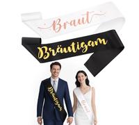 écharpe mariage 2 pièces pour marié et mariée + 2 badges, écharpes 160x9,5cm en tissu doux pour EVJF, EVG, mariage, soirée noces, blanc et noir