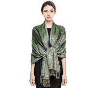 Écharpe Pashmina pour Femme Châle Paisley Hijab de couleur chaude avec empiècements soyeux et sensation dans les couleurs vives avec des franges200*70cm (Verte)
