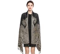 Écharpe Pashmina pour Femme Châle Paisley Hijab de couleur chaude avec empiècements soyeux et sensation dans les couleurs vives avec des franges 200 * 70cm (Noir)