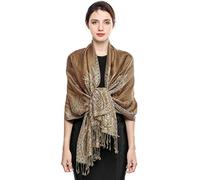 Écharpe Pashmina pour Femme Châle Paisley Hijab de couleur chaude avec empiècements soyeux et sensation dans les couleurs vives avec des franges200*70cm (Brun doré)