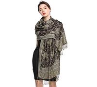 Écharpe Pashmina pour Femme Châle Paisley Hijab de couleur chaude avec empiècements soyeux et sensation de luxe dans les couleurs vives avec des franges/(9-Brun noir)