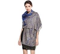 Écharpe Pashmina pour Femme Châle Paisley Hijab de couleur chaude avec empiècements soyeux et sensation dans les couleurs vives avec des franges 200 * 70cm (Bleu royal)