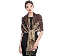 Écharpe Pashmina pour Femme Châle Paisley Hijab de couleur chaude avec empiècements soyeux et sensation dans les couleurs vives avec des franges 200 * 70cm (Brun foncé)