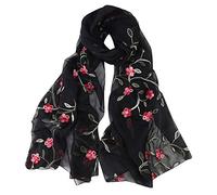 Écharpe pour femme - Automne - Fleurs en soie - Foulard long avec motif floral - Broderie douillette - Longue écharpe à paillettes élégante - Écharpe tube d'été en soie - Pour toute l'année, Noir ,