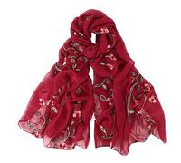 Écharpe pour femme - Automne - Fleurs en soie - Foulard long avec motif floral - Broderie douillette - Longue écharpe à paillettes élégante - Écharpe tube d'été en soie - Pour toute l'année, rouge