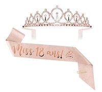 Écharpe Rose Miss 18 ans Anniversaire Fille et Tiara Diadème Couronne Princesse en Strass Faux Cristal Birthday Décoration Accessoire Cadeau pour Anniversaire Fête