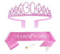 Écharpe rose pour 30e anniversaire pour femme, couronne de princesse, diadème en strass, décorations de fête d'anniversaire pour femme, fournitures de fête d'anniversaire de 30 ans