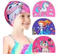 Echehi Bonnet de Bain 3 pièces Licornes et Sirènes pour Filles, Bonnet de Bain Enfants en Polyester, Bonnet Piscine Enfant