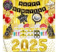 Echehi Decoration Nouvel An 2025, 49 Pcs Deco Fete Nouvelle Année, Ballons 2025 Géants(32 Pouces), Happy New Year Bannière, Rideaux Métallique de Frange, Accessoires Photobooth, Ballons