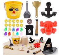 Echehi Jouets De Plage pour Enfants 29 Pcs, Jeux De Plage De La Série Pirate, avec Seau De Plage, Jouet Gemme, Télescope, Boussole, Jeux Exterieur pour Enfant Tout-Petits