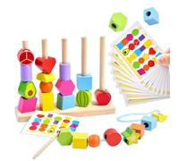 Echehi Jouets D'enfilage Montessori 2 en 1 pour Enfant, Perles à Enfiler, Jeu D'association de Formes, Blocs en Bois à Empiler, Développement de la Motricité Fine