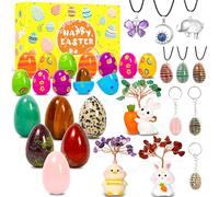 Echehi Lot de 12 œufs de Pâques pré-remplis avec cristal véritable et œufs de roche, ornements de Pâques, colliers en cristal, pour la chasse aux œufs de Pâques, cadeaux de Pâques éducatifs pour