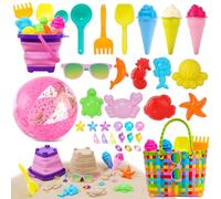 Echehi Lot de 37 jouets de sable pour filles - Avec seau pliant, lunettes de soleil, ballon d'eau de 61 cm, sac en filet, moules à sable glacés, pierres précieuses - Jouet d'extérieur pour enfants