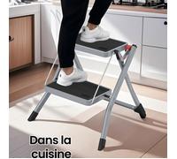 Echelle 2 Marches, Pliant, Supporte Jusqu'à 150 kg, Verrou de Sécurité, Rangement Gain de Place, Gris Tourterelle