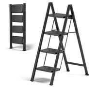 Échelle à 4 marches - Pliable - Léger et compact - Petite échelle avec poignée en caoutchouc - Design antidérapant - Support sûr - Charge maximale : 150 kg - Pour cuisine, maison, extérieur - Noir