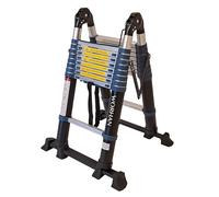 Echelle de 5.6m Télescopique WORHAN Aluminium Anodisé avec 2 Stabilisateurs Télescopiques Modulable Pliable Polyvalente Escabeau Solide 560cm K5.6