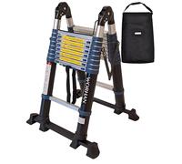 Echelle de 5.6m Télescopique WORHAN Aluminium Anodisé avec 2 Stabilisateurs Télescopiques Modulable Pliable Polyvalente Escabeau Solide 560cm + Sac De Transport K5.6+Bag