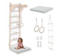 Échelle de gymnastique pour enfants (210 cm), Échelle murale en bois, Cadre d'escalade pour enfants, Roues de gymnastique, Matelas de protection