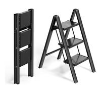 Echelle de ménage - Echelle de cuisine - 3 marches - Echelle aluminium - Marchepied antidérapant - Légère - Charge maxi 150 kg - Noir