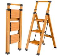 Échelle d'escalier Pliable à 3 marches, Antidérapante, jusqu'à 150 kg | Escabeau Portable, avec Main Courante Extensible, Échelle Multifonction, Grain de Bois, Échelle Pliante en Aluminium