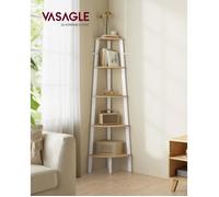 Étagère d'angle, Bibliothèque 5 Niveaux, Étagère Échelle, Style Industriel, avec cadre en acier, Couleur Chêne Naturel et Blanc Mat