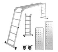 Échelle Multifonction 7 en 1 en Aluminium, 2 plaques d'échafaudage et 2 roulettes 5,8 m 4 x 5 m, 16 échelons, jusqu'à 150 kg